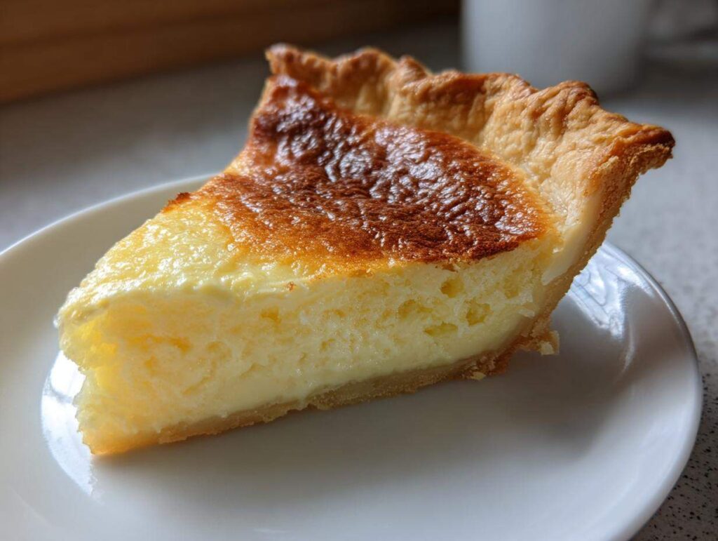 A close-up of a thick slice of creamy custard pie with a beautifully browned top, resting on a white plate.