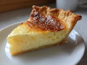 A close-up of a thick slice of creamy custard pie with a beautifully browned top, resting on a white plate.