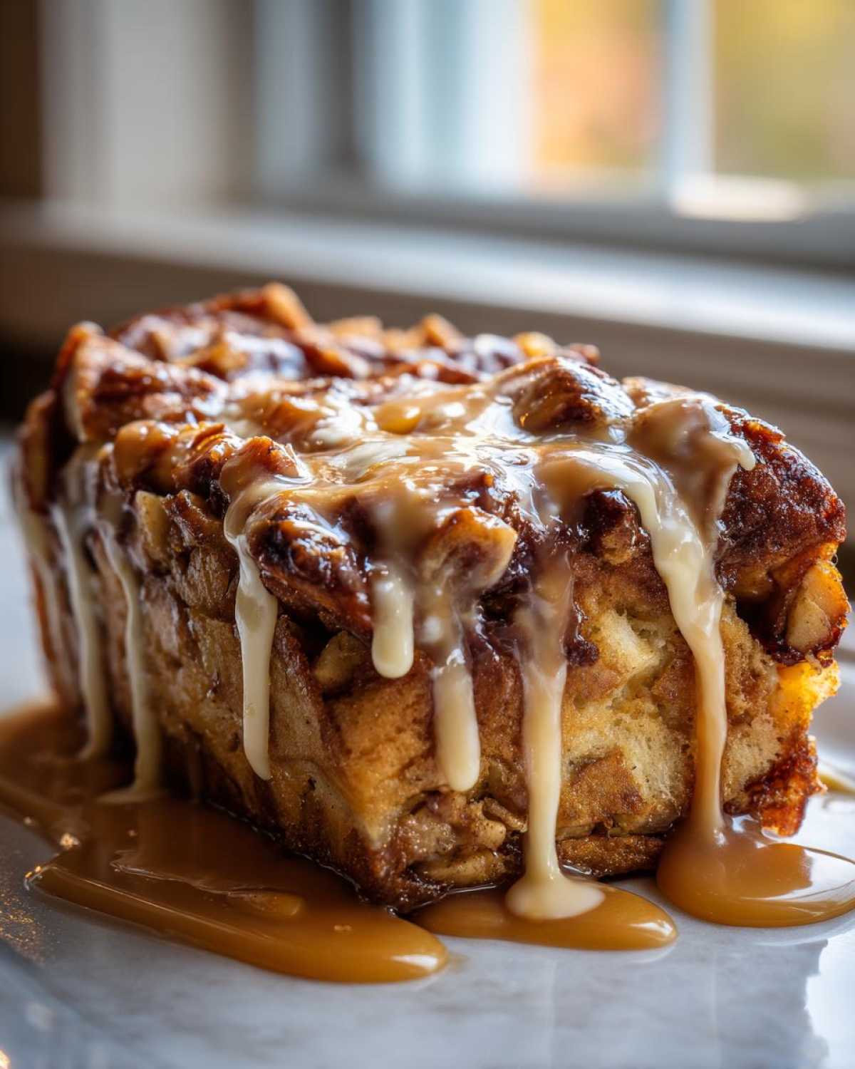 Close-up of a rich slice of apple bread pudding generously drizzled with caramel glaze.