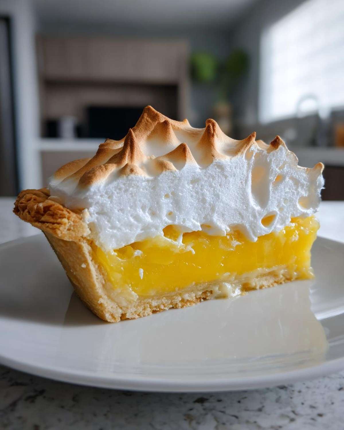 A close-up slice of lemon meringue pie showing bright yellow filling, crisp crust, and peaks of toasted meringue.