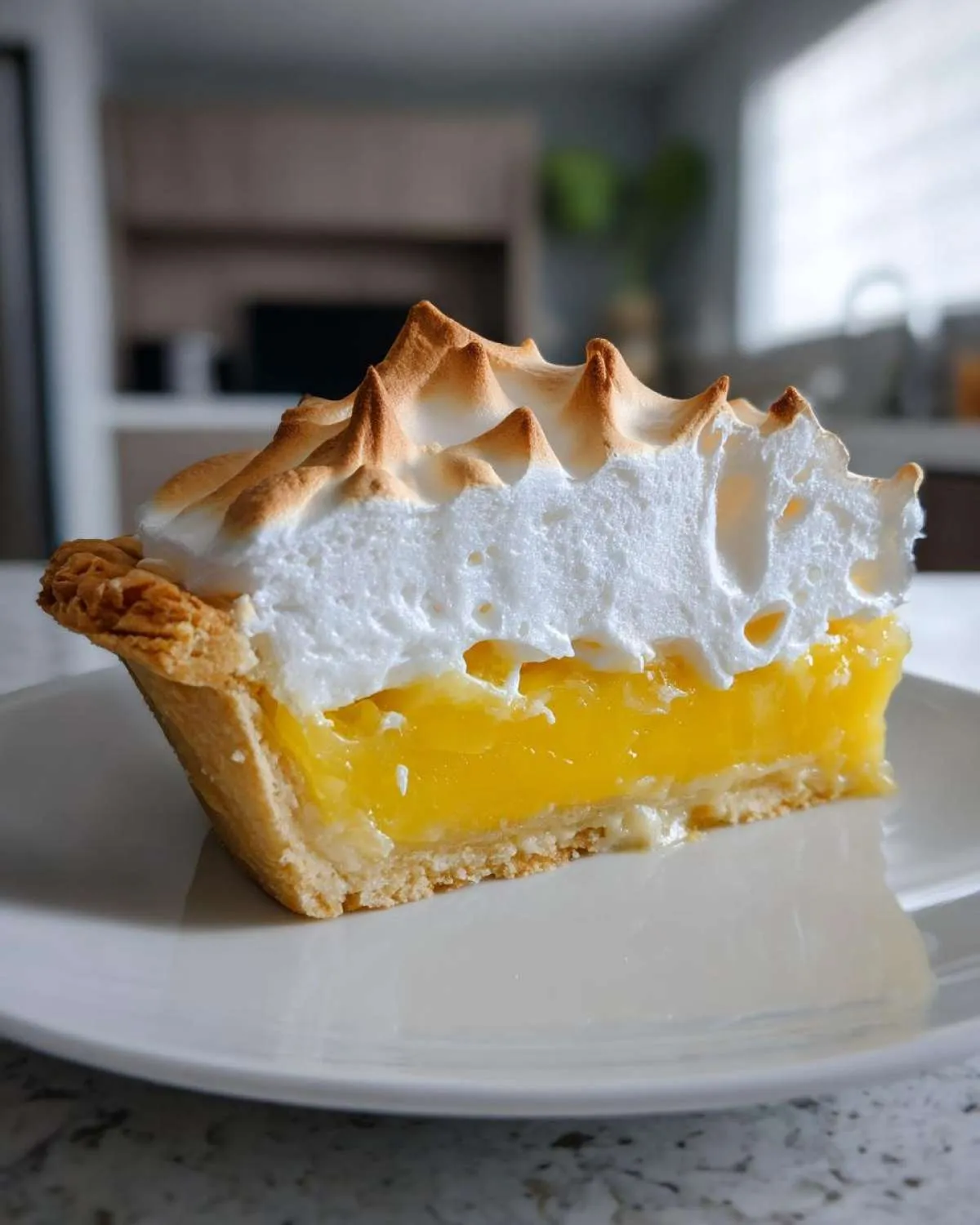 A close-up slice of lemon meringue pie showing bright yellow filling, crisp crust, and peaks of toasted meringue.