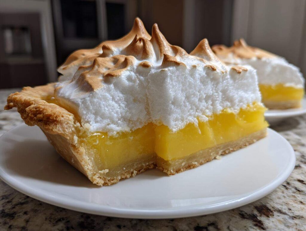 A close-up slice of bright yellow lemon meringue pie showing a thick layer of toasted meringue on a flaky crust.