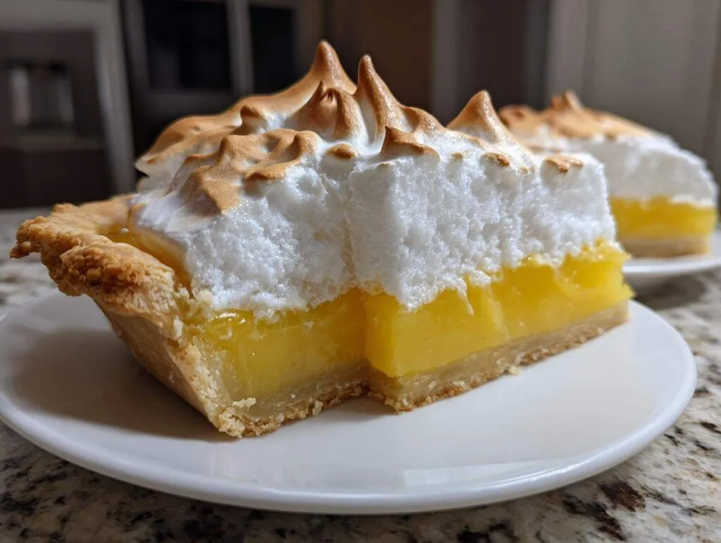 A close-up slice of bright yellow lemon meringue pie showing a thick layer of toasted meringue on a flaky crust.