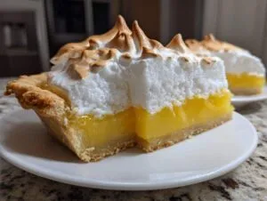 A close-up slice of bright yellow lemon meringue pie showing a thick layer of toasted meringue on a flaky crust.