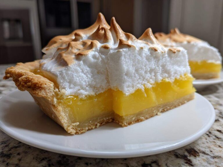 A close-up slice of bright yellow lemon meringue pie showing a thick layer of toasted meringue on a flaky crust.