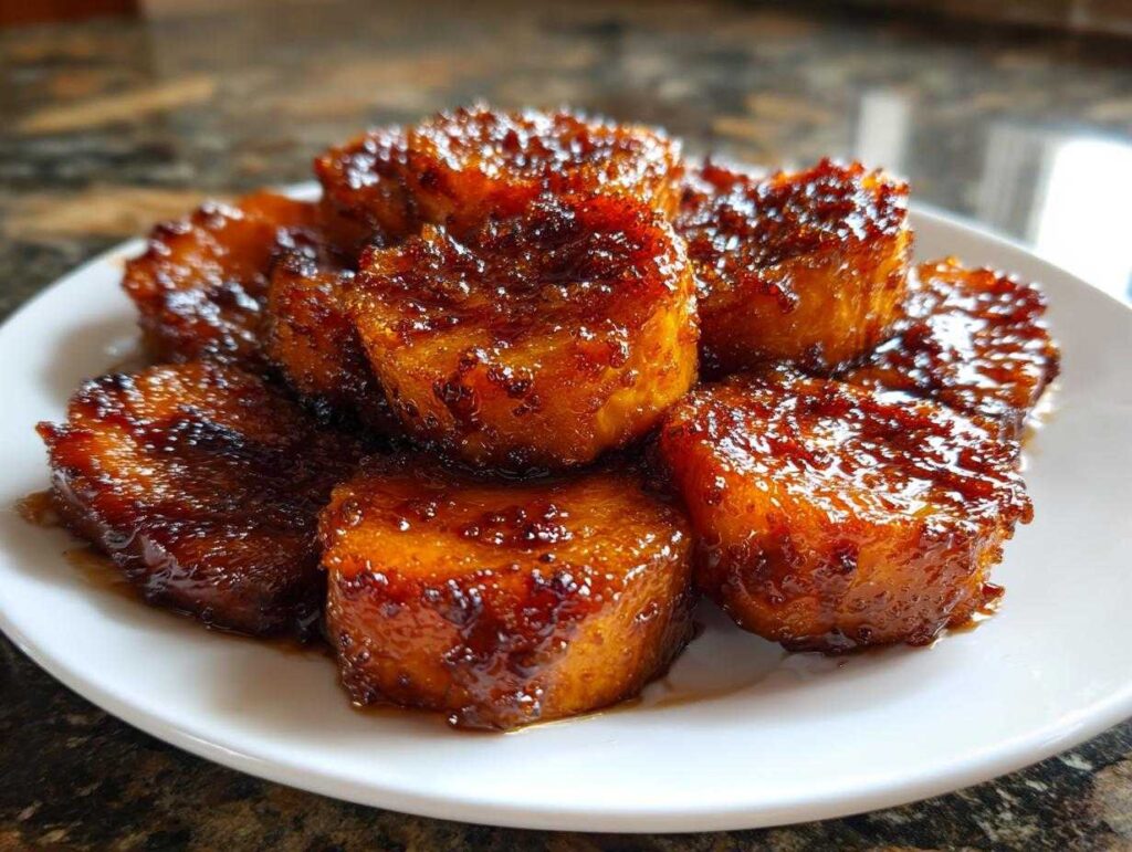 A serving of glistening, caramelized candied sweet potatoes piled on a white plate.