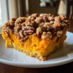 A close-up of a square slice of easy sweet potato casserole with a thick, crunchy pecan streusel topping.