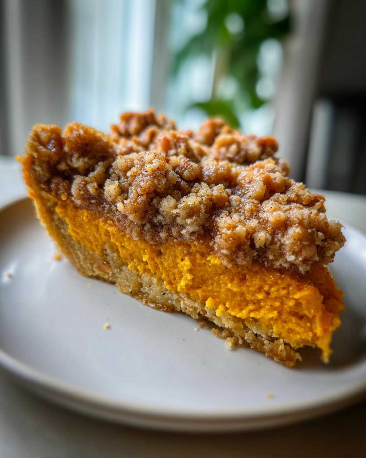 Close-up of a thick slice of easy sweet potato casserole featuring a bright orange filling and a thick, brown streusel topping.