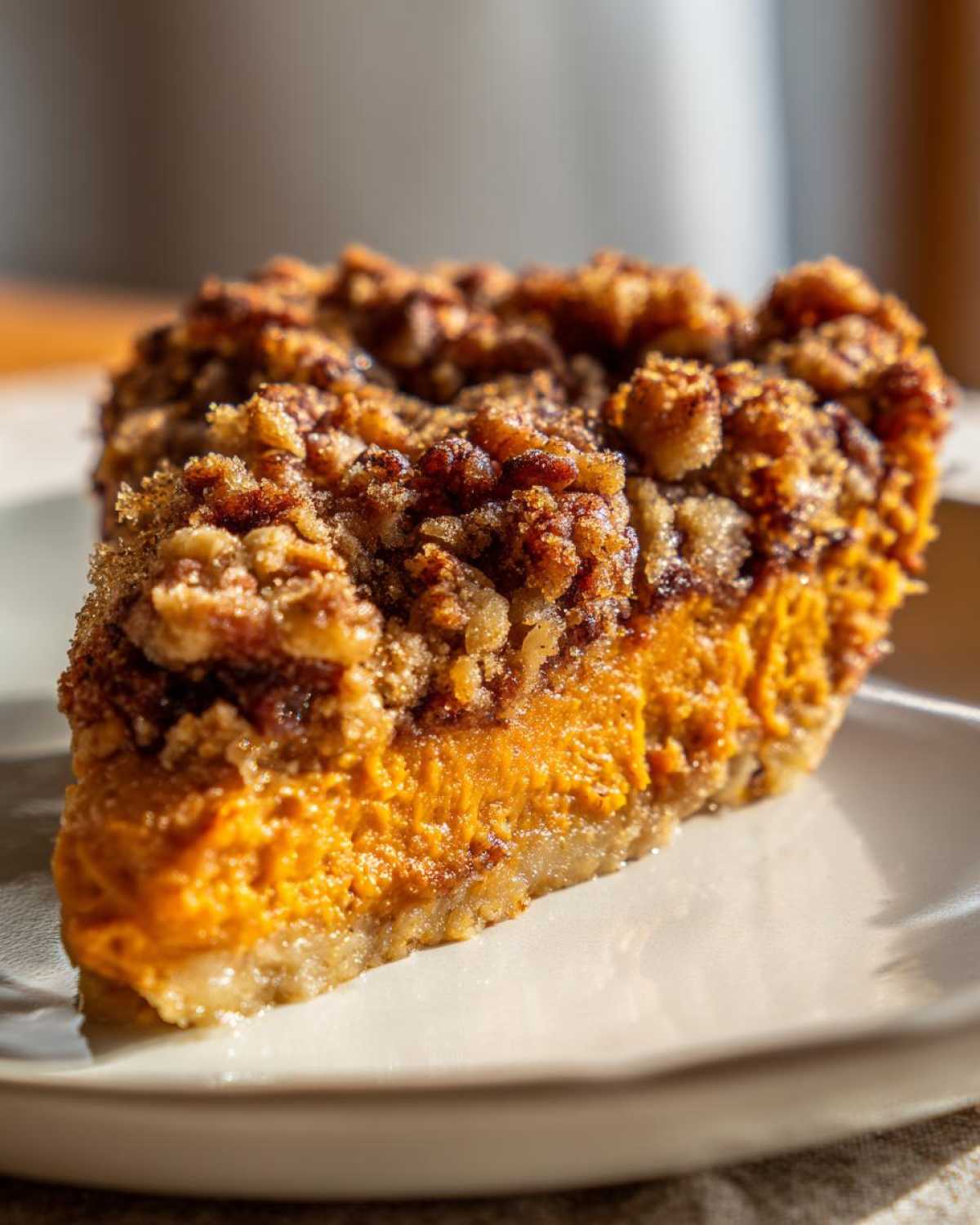 Close-up of a rich slice of easy sweet potato casserole featuring a bright orange filling and a thick, crunchy pecan streusel topping.