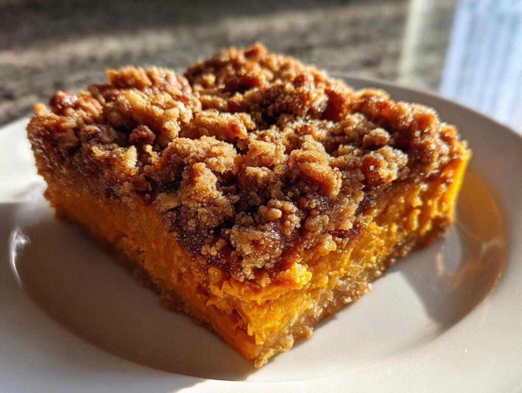 A close-up image of a square slice of easy sweet potato casserole topped with a crunchy brown sugar pecan streusel.