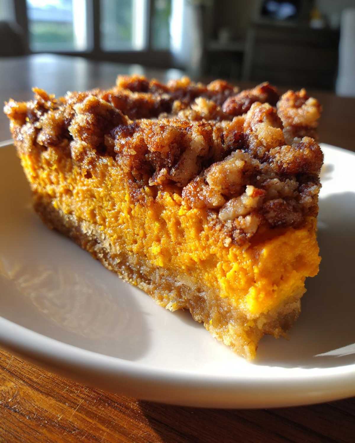 Close-up of a thick slice of easy sweet potato casserole with a crunchy brown sugar pecan topping.