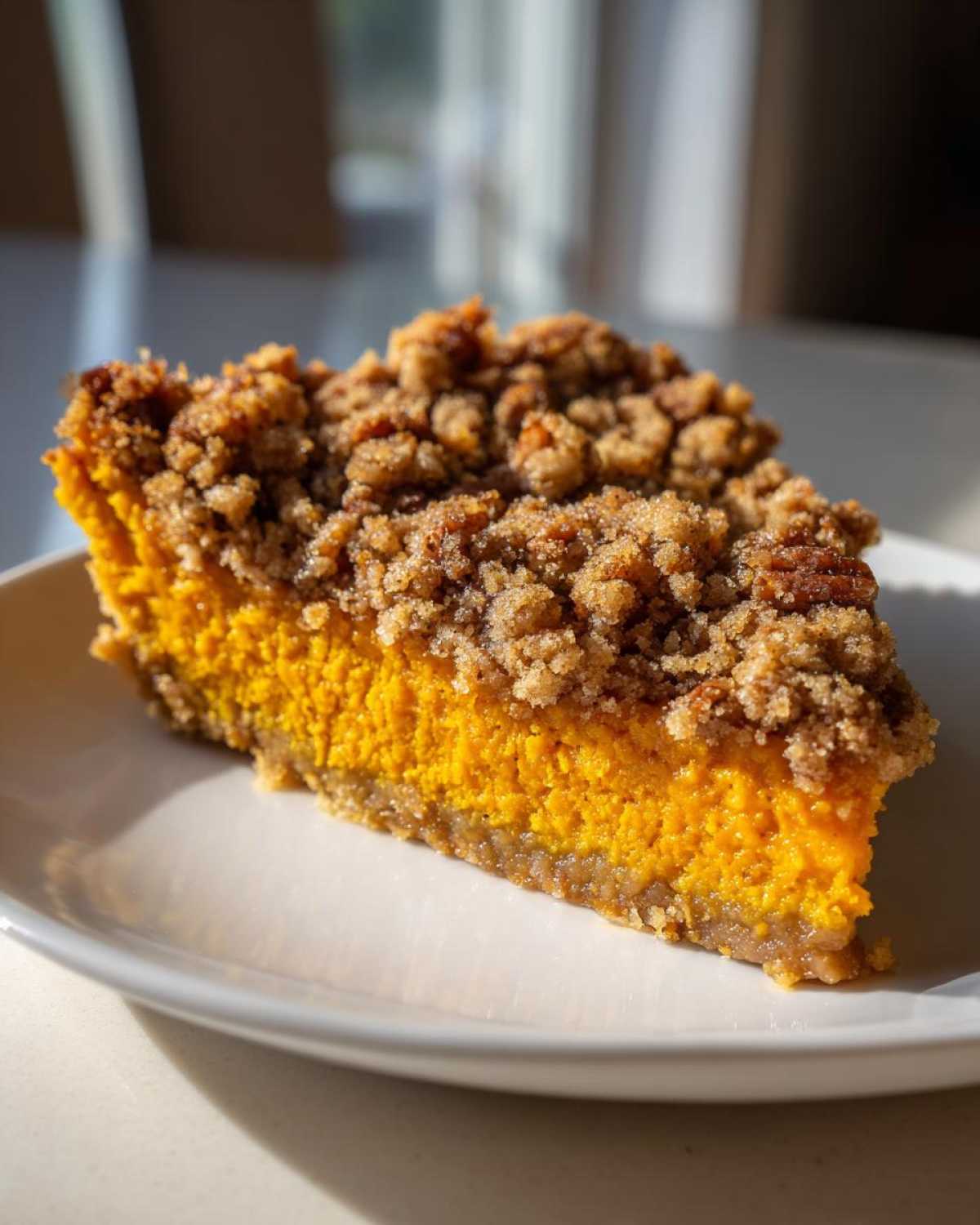 A vibrant slice of easy sweet potato casserole featuring a bright orange filling and a thick, crunchy brown sugar pecan streusel topping.
