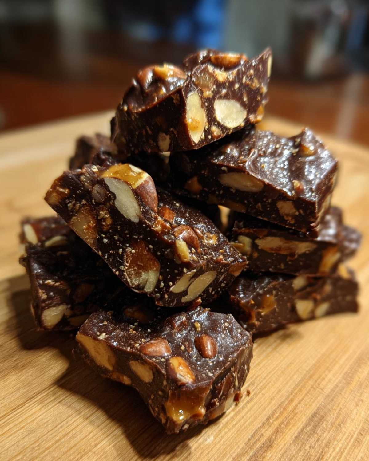 A stack of rich, dark chocolate pieces loaded with whole almonds, representing the easy toffee recipe.