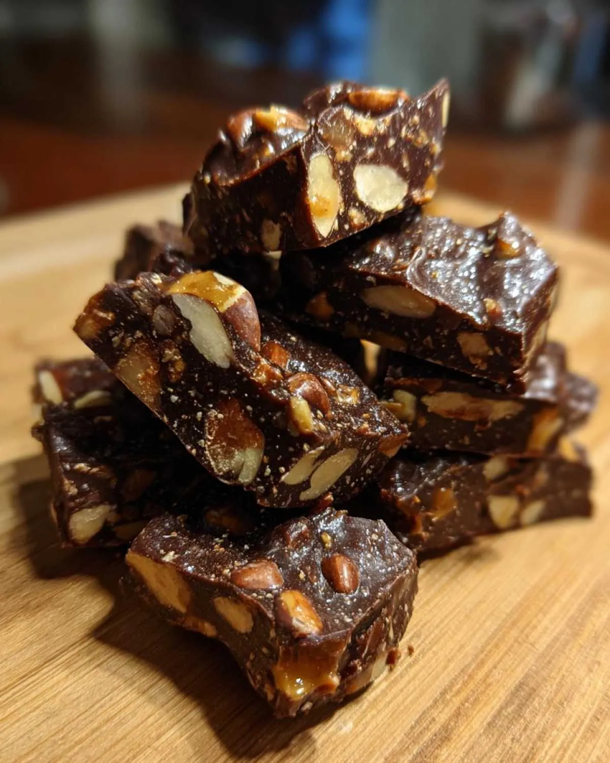 A stack of rich, dark chocolate pieces loaded with whole almonds, representing the easy toffee recipe.