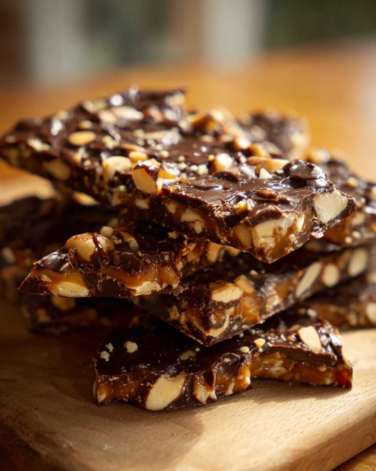 Stack of broken pieces of homemade toffee recipe, layered with caramel, nuts, and dark chocolate.