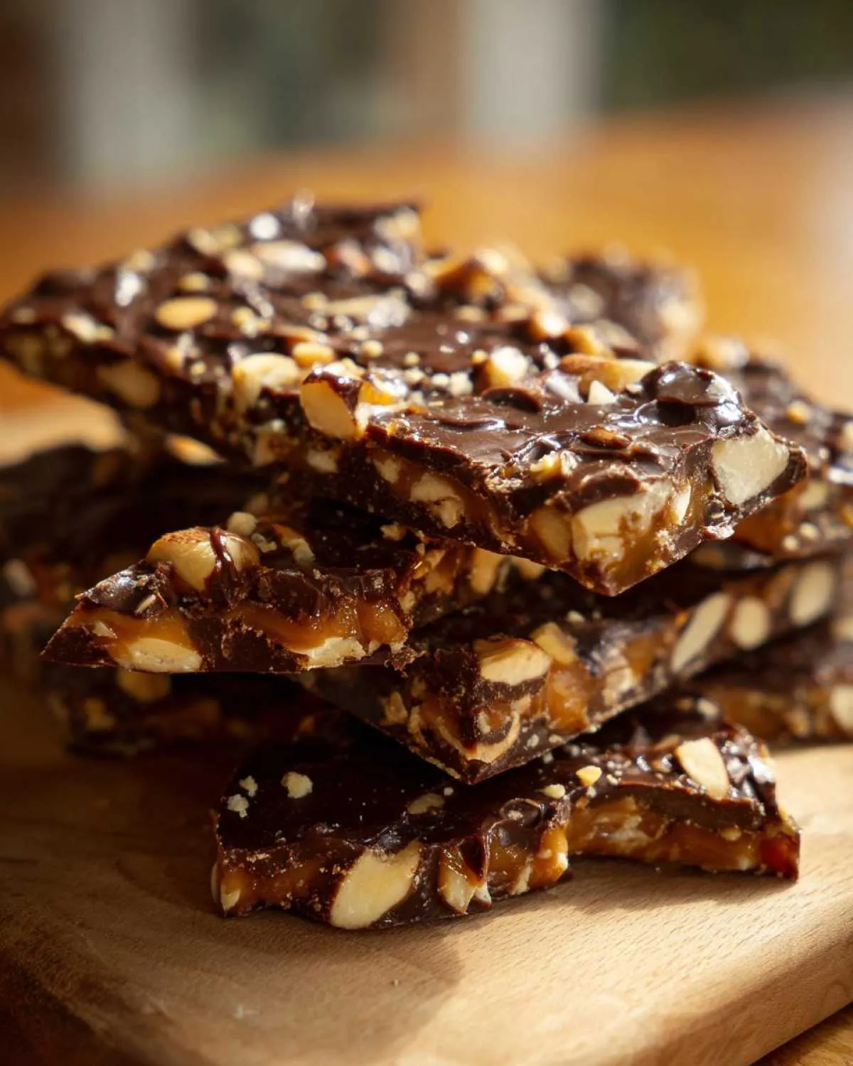 Stack of broken pieces of homemade toffee recipe, layered with caramel, nuts, and dark chocolate.