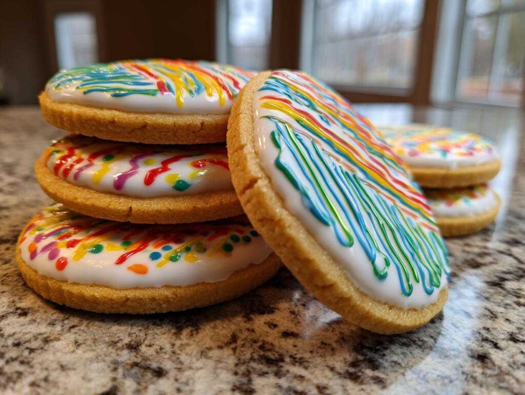Stack of sugar cookies topped with a smooth, white base of cookie icing decorated with bright, colorful drizzle and sprinkles.