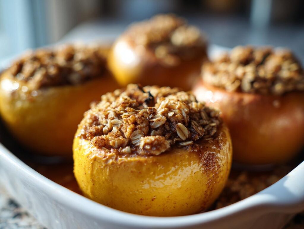 Four golden baked apples topped with a crunchy oat crumble filling, sitting in a white baking dish.