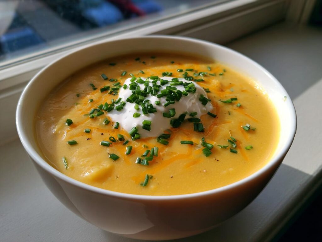 A creamy, golden bowl of amazing 6-ingredient cheese soup topped with sour cream and fresh chives.