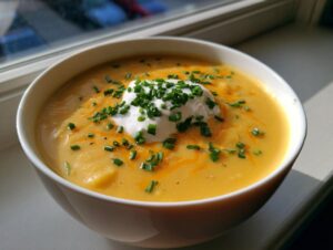 A creamy, golden bowl of amazing 6-ingredient cheese soup topped with sour cream and fresh chives.
