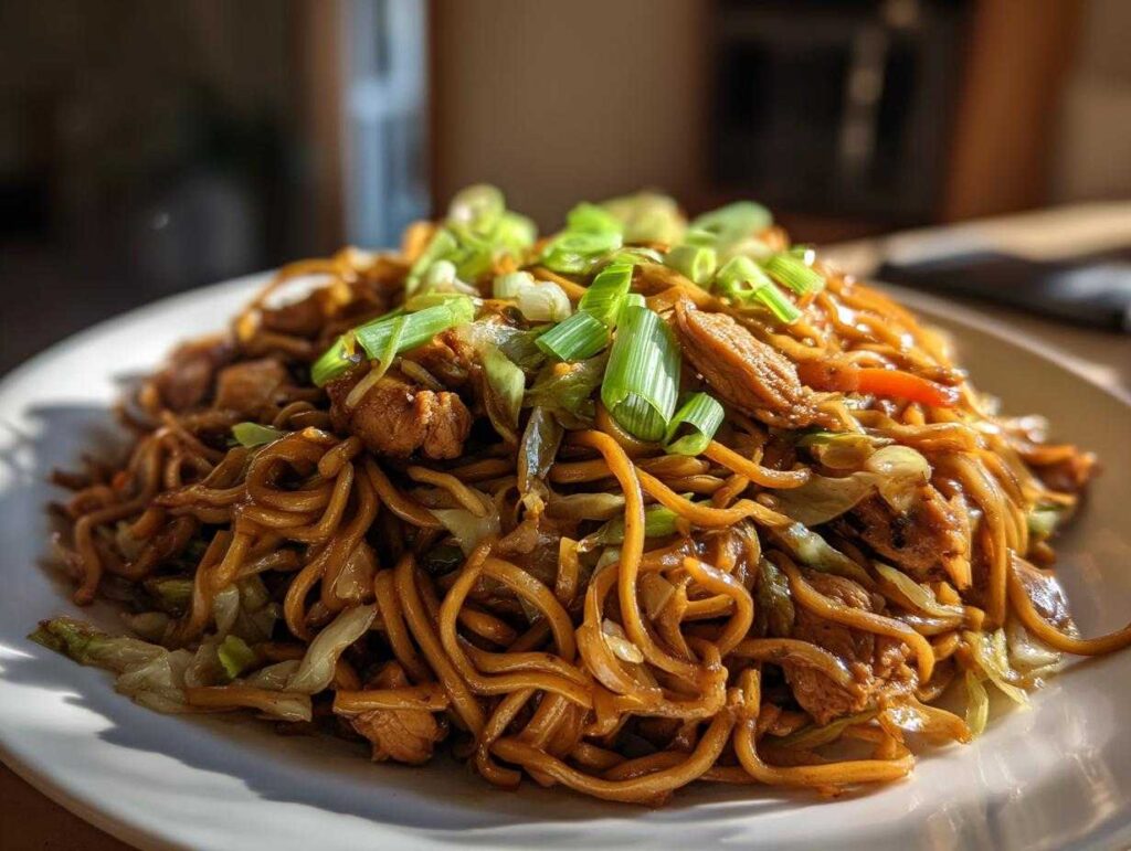 A close-up of a generous serving of homemade chicken chow mein recipe, topped with fresh green onions.