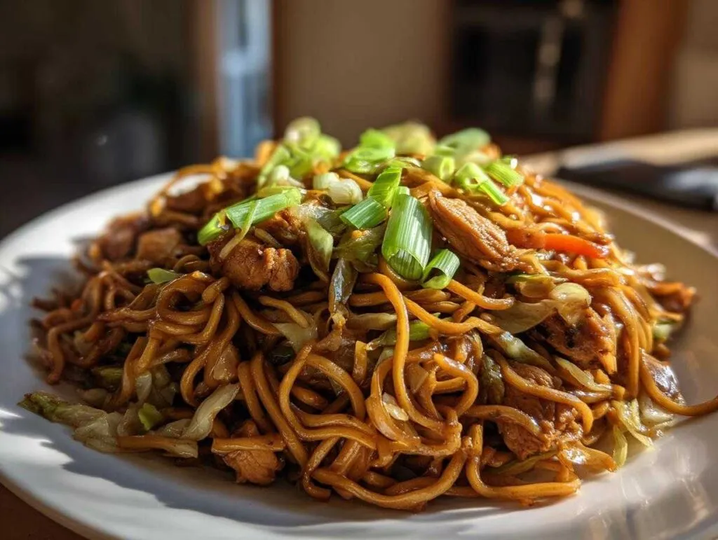 A close-up of a generous serving of homemade chicken chow mein recipe, topped with fresh green onions.