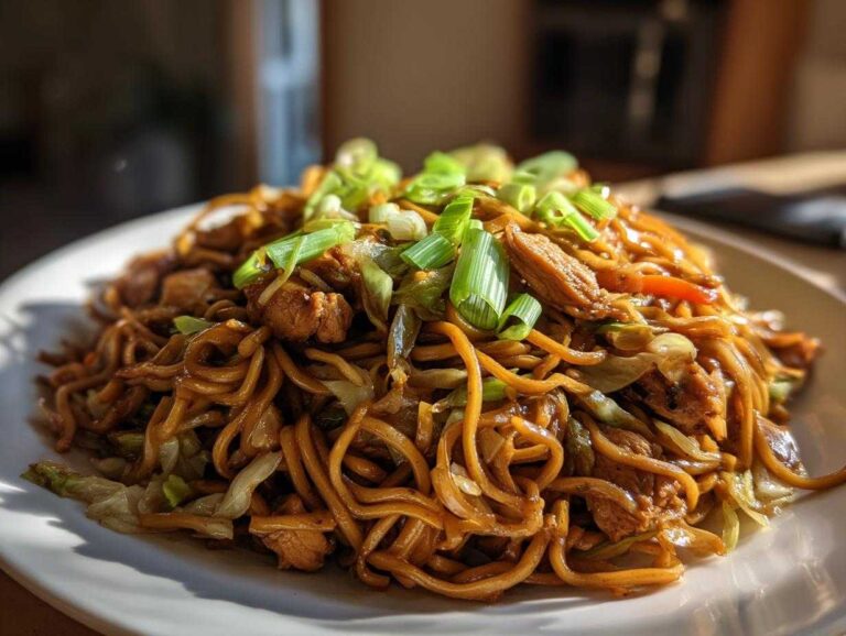 A close-up of a generous serving of homemade chicken chow mein recipe, topped with fresh green onions.