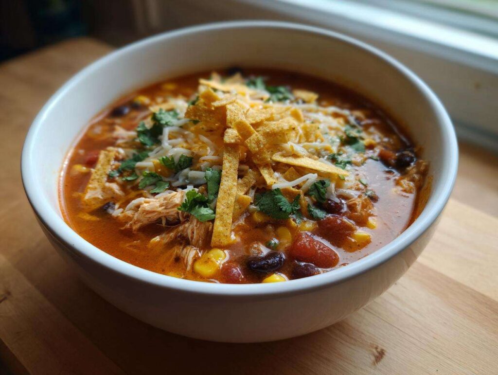 A close-up bowl of rich, red chicken tortilla soup topped with shredded cheese, cilantro, and crispy tortilla strips.