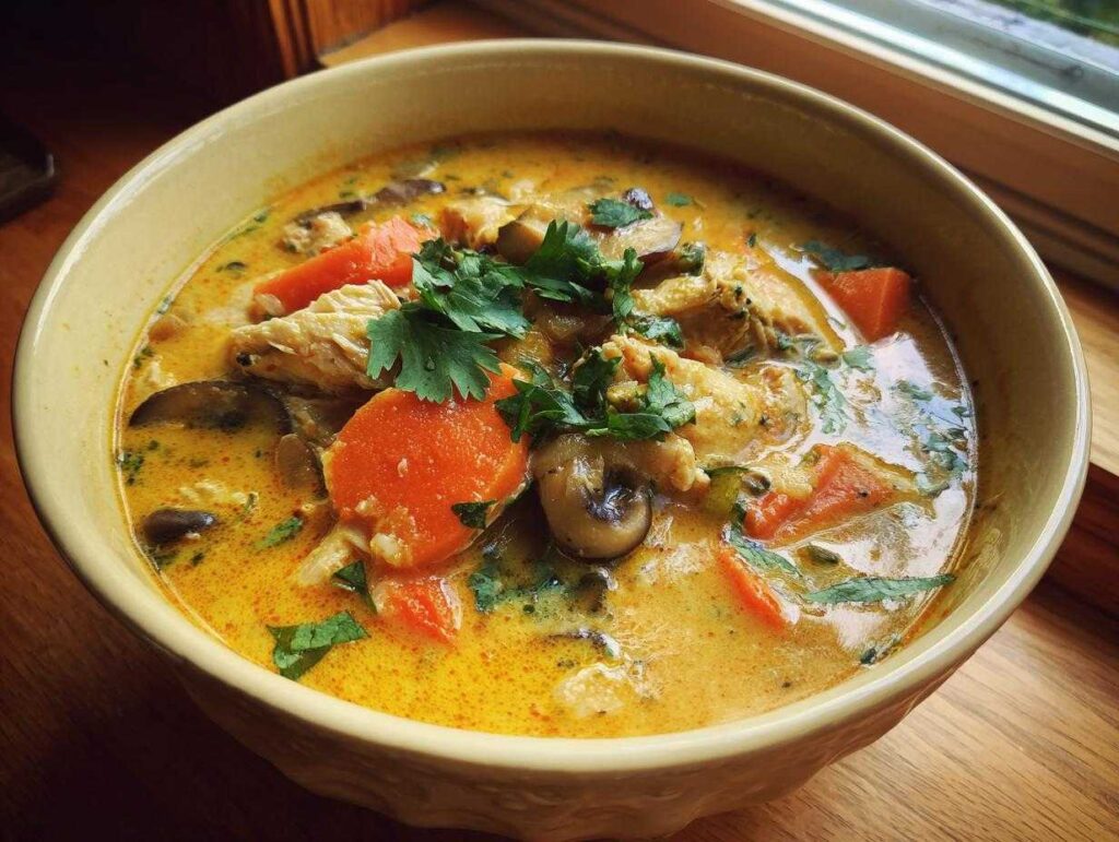 A close-up of a creamy, yellow coconut curry soup filled with chicken, sliced carrots, mushrooms, and fresh cilantro.