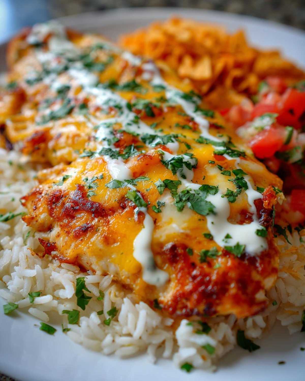 Close-up of baked fiesta lime chicken topped with melted cheese, sour cream drizzle, and cilantro, served over rice.
