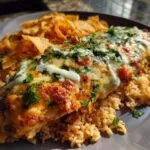 A baked fiesta lime chicken breast covered in melted cheese, sauce, and cilantro, served over Spanish rice with tortilla chips.