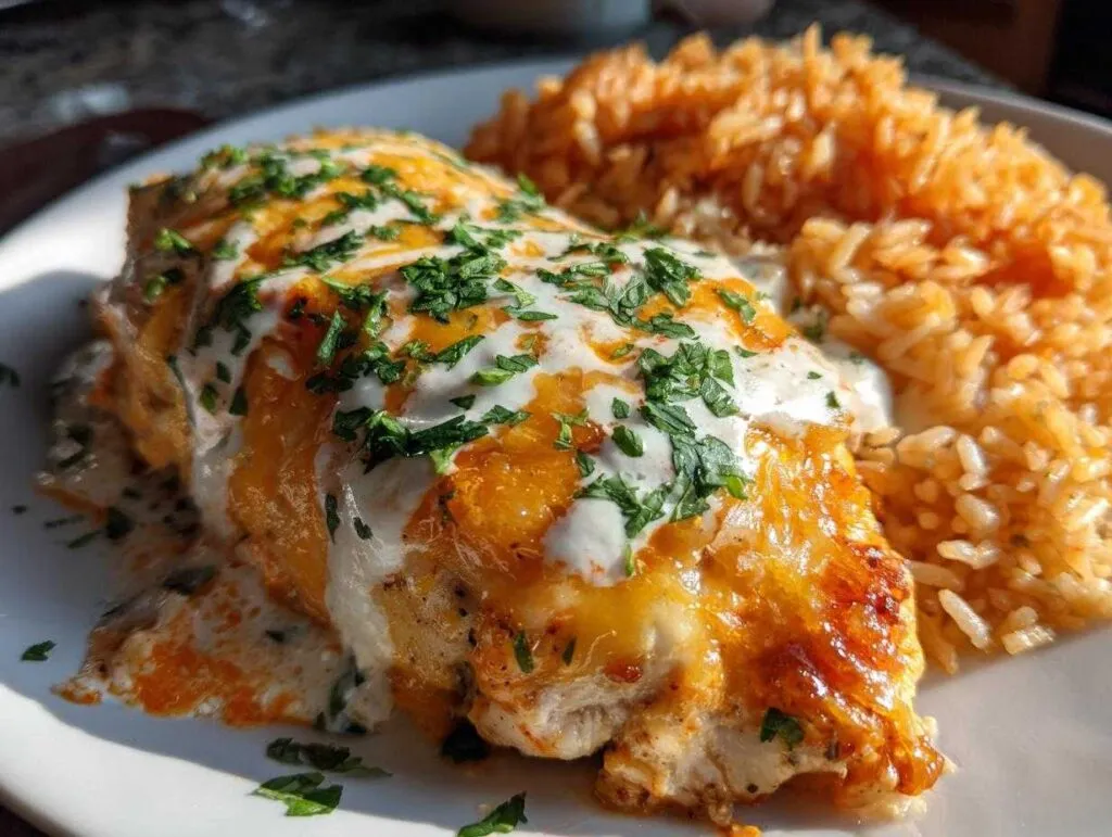 Close-up of baked fiesta lime chicken topped with melted cheese, white sauce, and cilantro, served with Mexican rice.