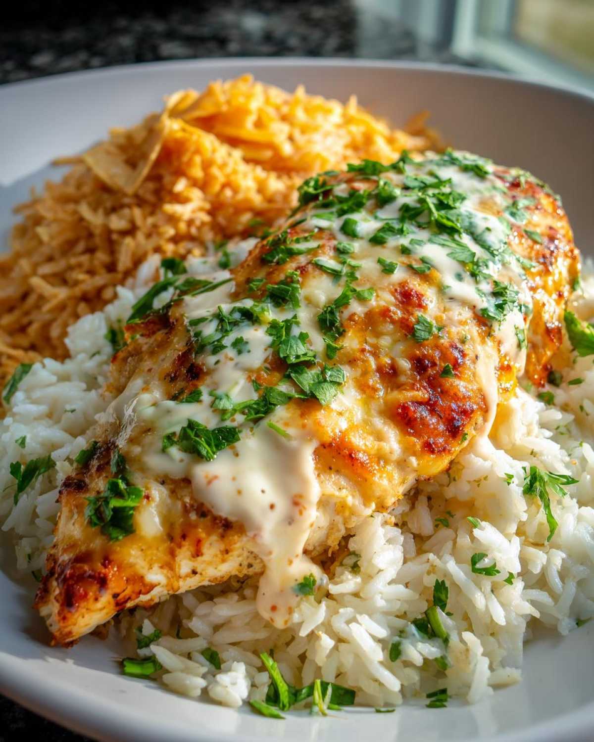 A close-up of baked fiesta lime chicken topped with melted cheese sauce and parsley, served over white rice and Mexican rice.