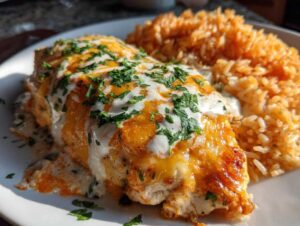Close-up of baked fiesta lime chicken topped with melted cheese, white sauce, and cilantro, served with Mexican rice.