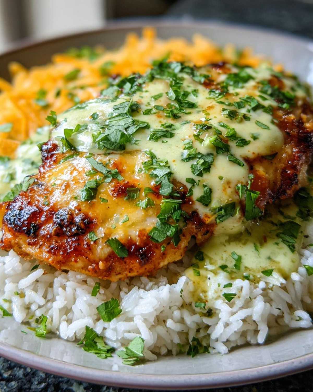 Close-up of delicious fiesta lime chicken breast covered in creamy sauce and cilantro, served over white rice.