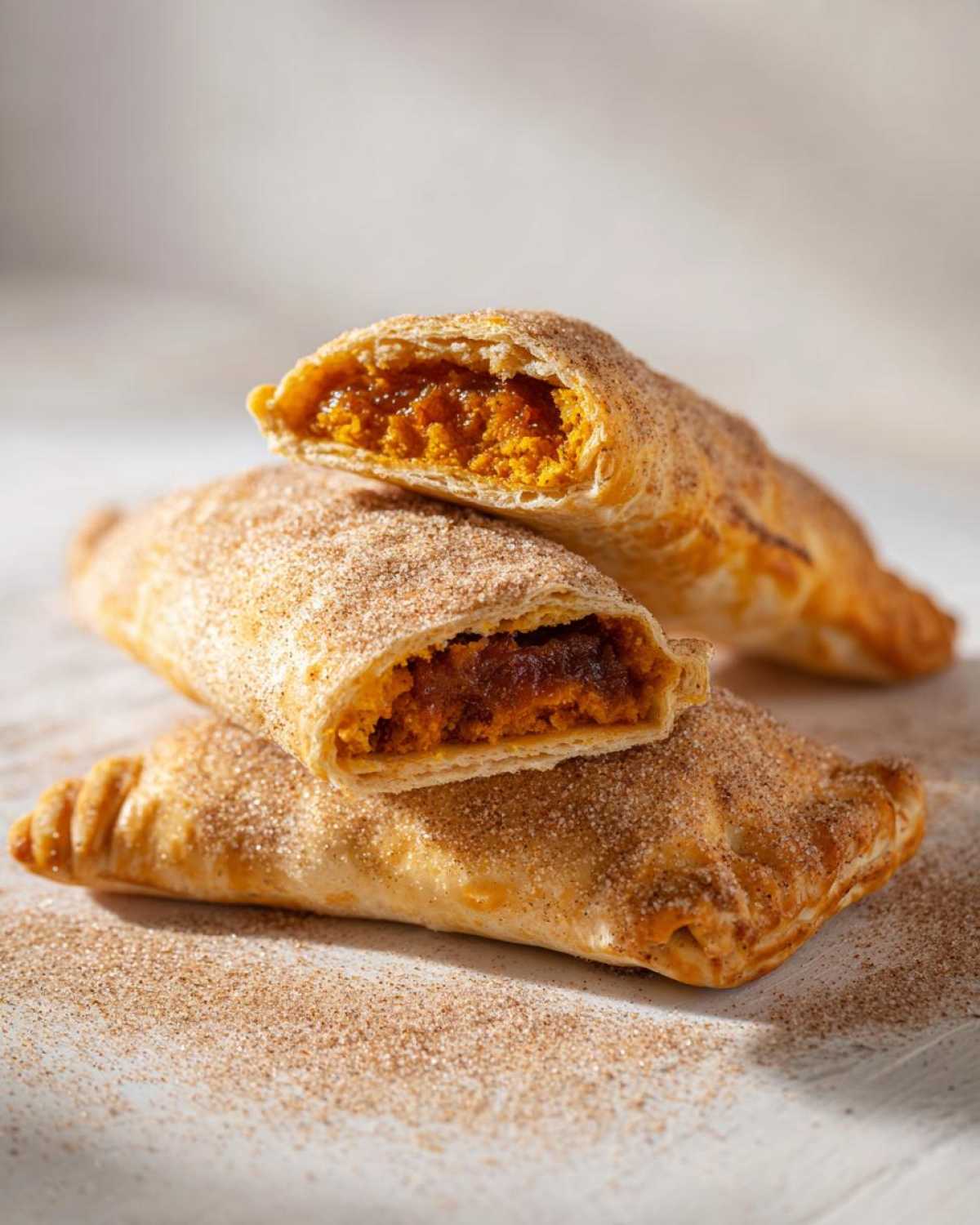 Three flaky pumpkin empanadas dusted generously with cinnamon sugar, one cut open to show the rich pumpkin filling.