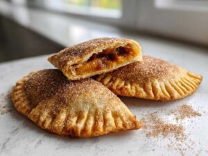 Three golden-brown pumpkin empanadas dusted heavily with cinnamon sugar, one cut open to show the filling.