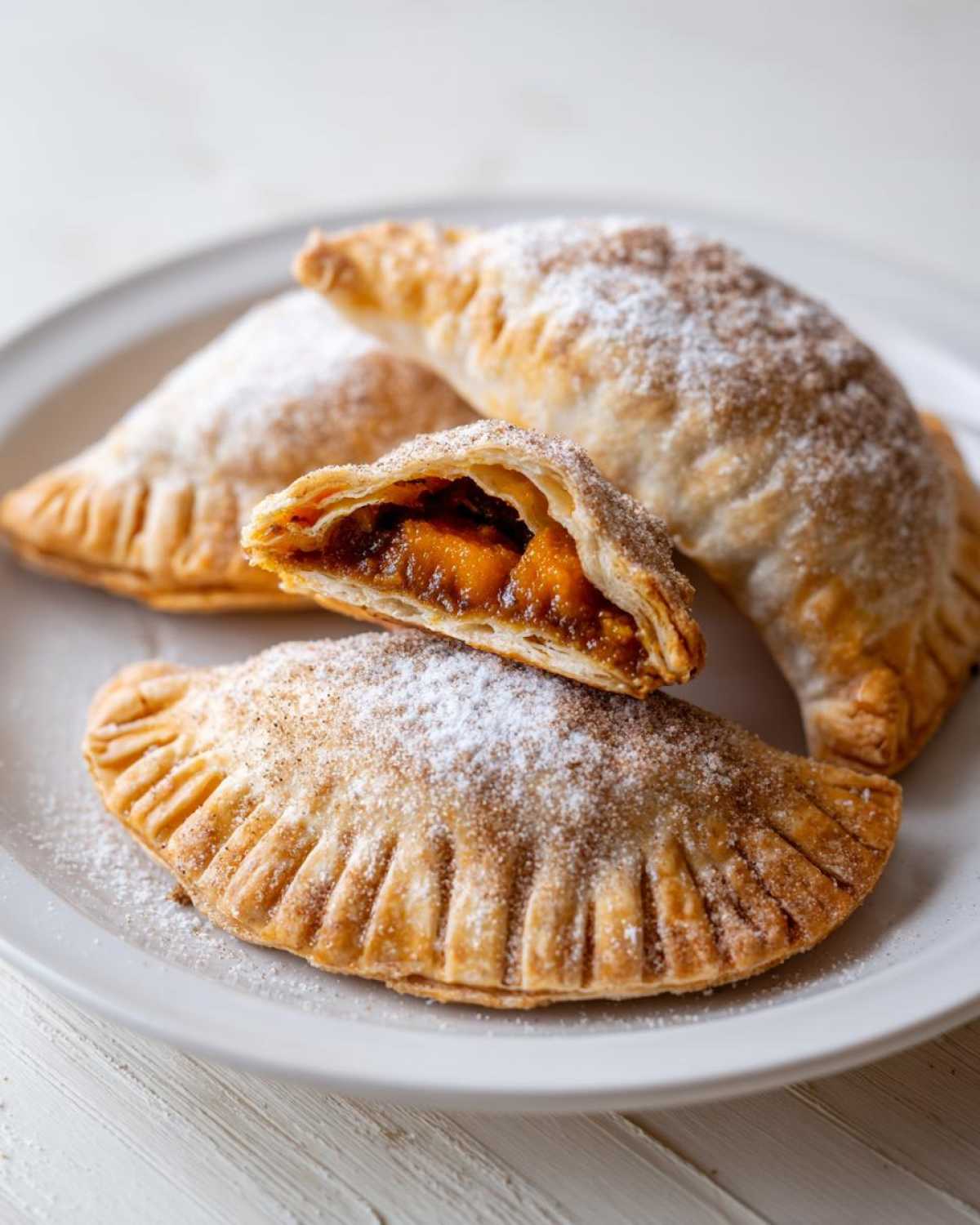 Close-up of flaky pumpkin empanadas dusted with powdered sugar, one cut open showing the filling.