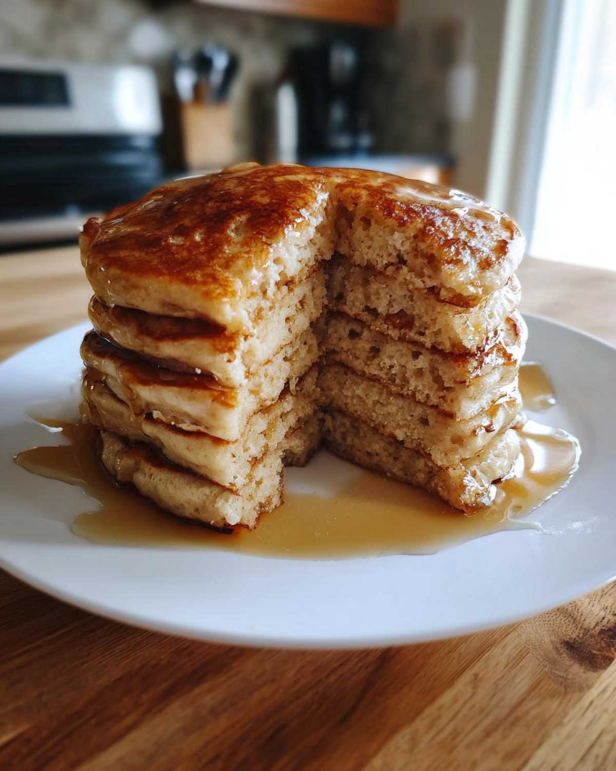 A tall stack of fluffy almond flour pancakes, cut to show the interior texture, drizzled with maple syrup.