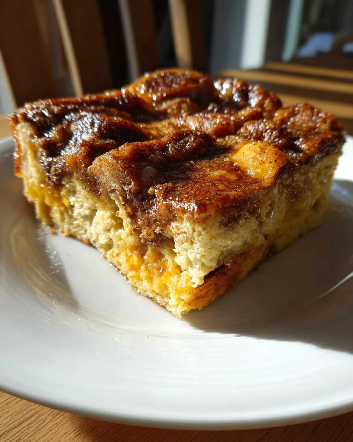 A close-up of a square slice of fluffy baked french toast topped with a rich, caramelized cinnamon glaze.