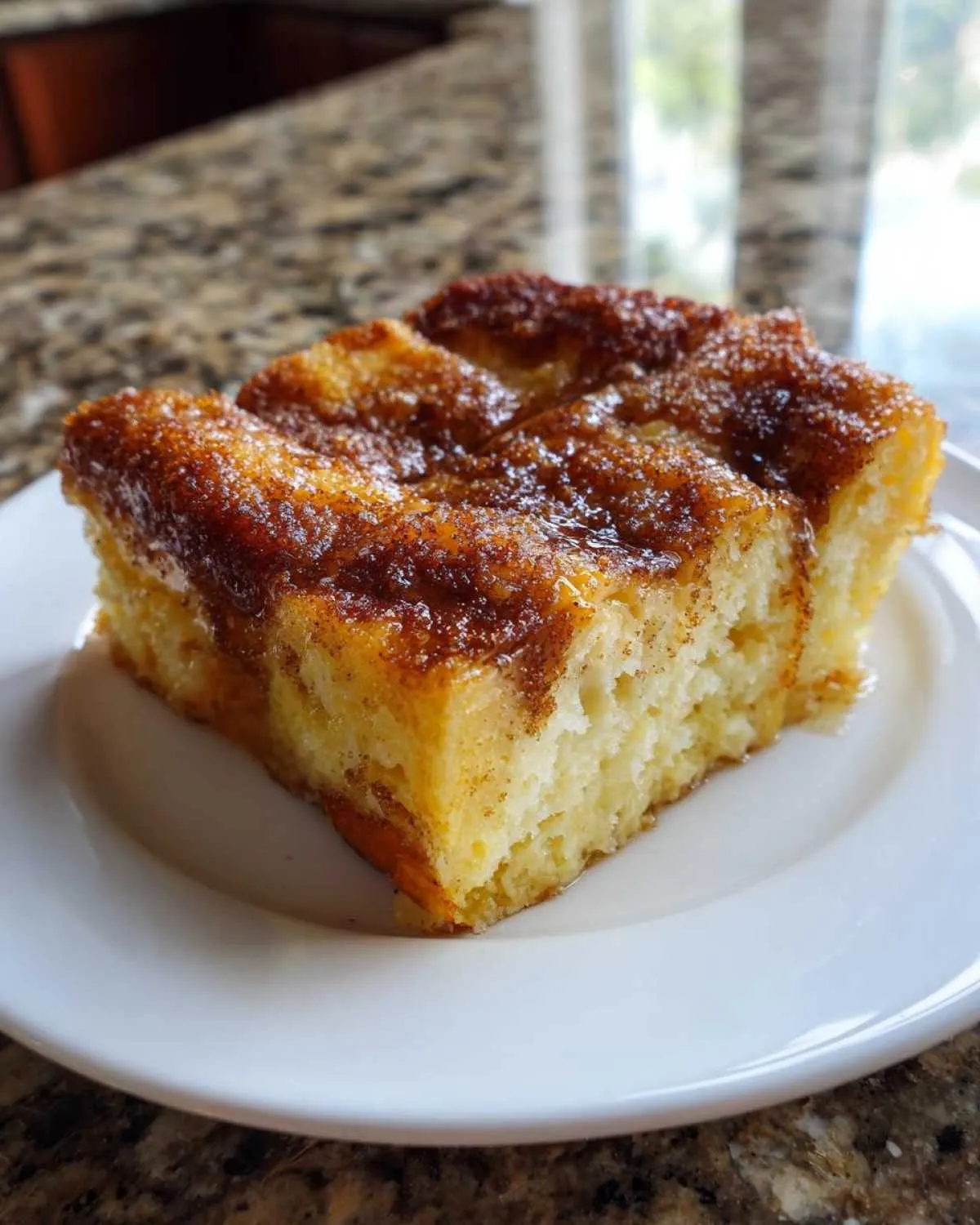 A square slice of fluffy baked french toast topped with a rich, caramelized cinnamon-sugar glaze.
