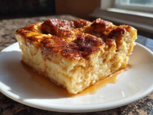 A moist, square slice of baked french toast topped with cinnamon, sitting in syrup on a white plate.