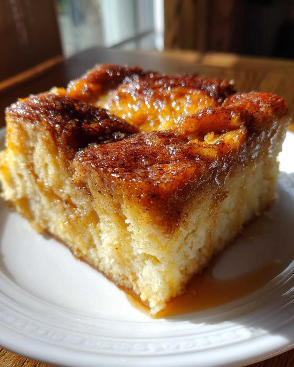 Close-up of a square slice of fluffy baked french toast topped with a shiny cinnamon-sugar glaze.