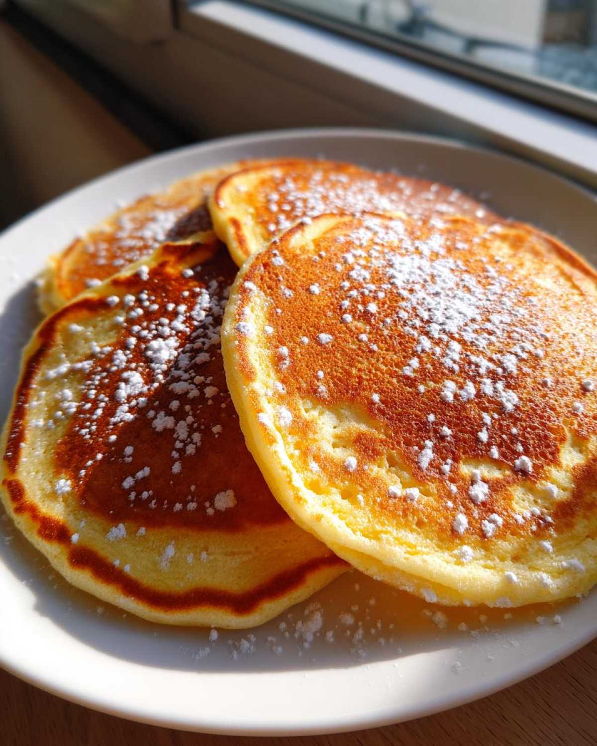 Three golden brown coconut flour pancakes dusted heavily with powdered sugar on a white plate.