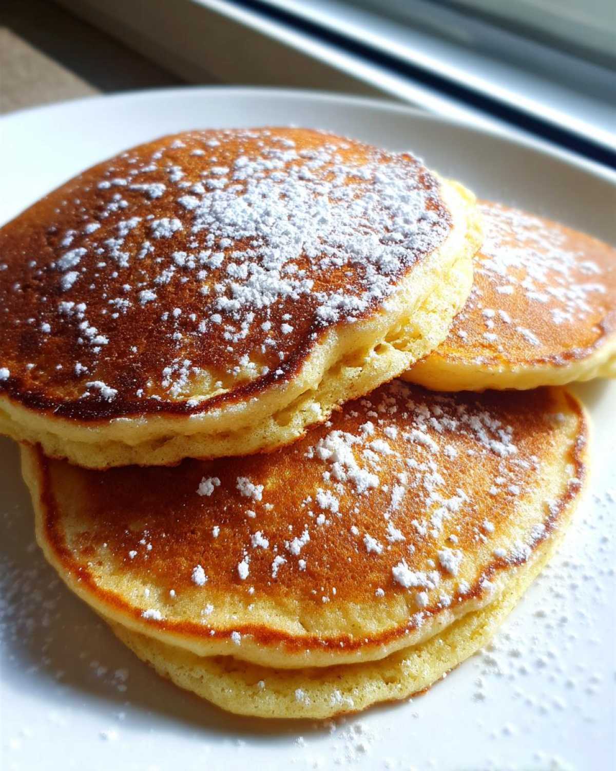 Stack of three fluffy coconut flour pancakes dusted heavily with white powdered sugar on a white plate.