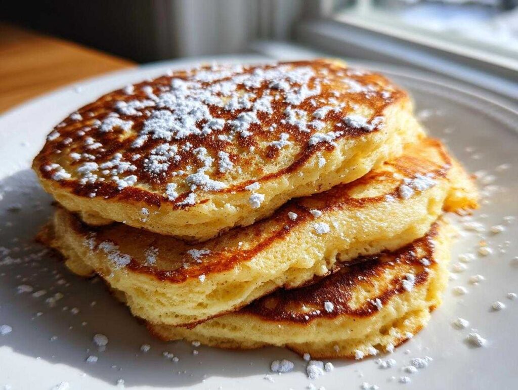 Close-up of three fluffy coconut flour pancakes stacked high and dusted generously with powdered sugar.