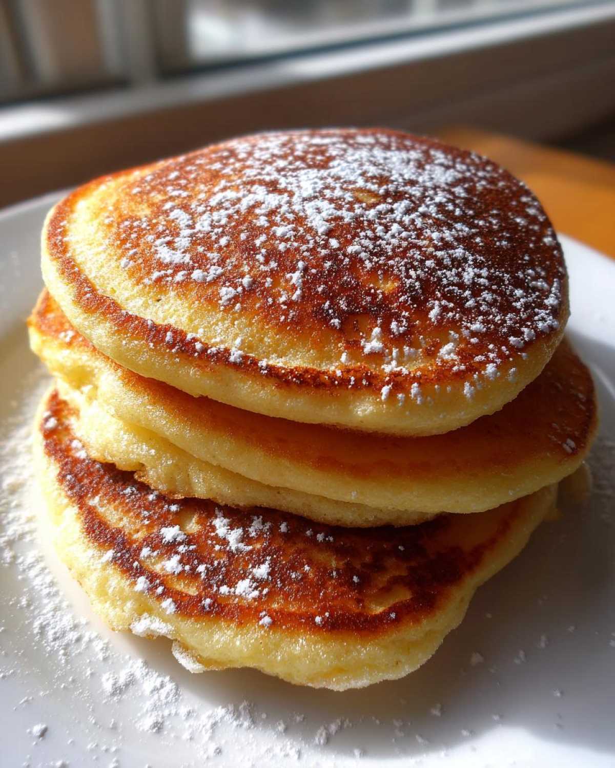 A close-up stack of three fluffy coconut flour pancakes dusted generously with powdered sugar.