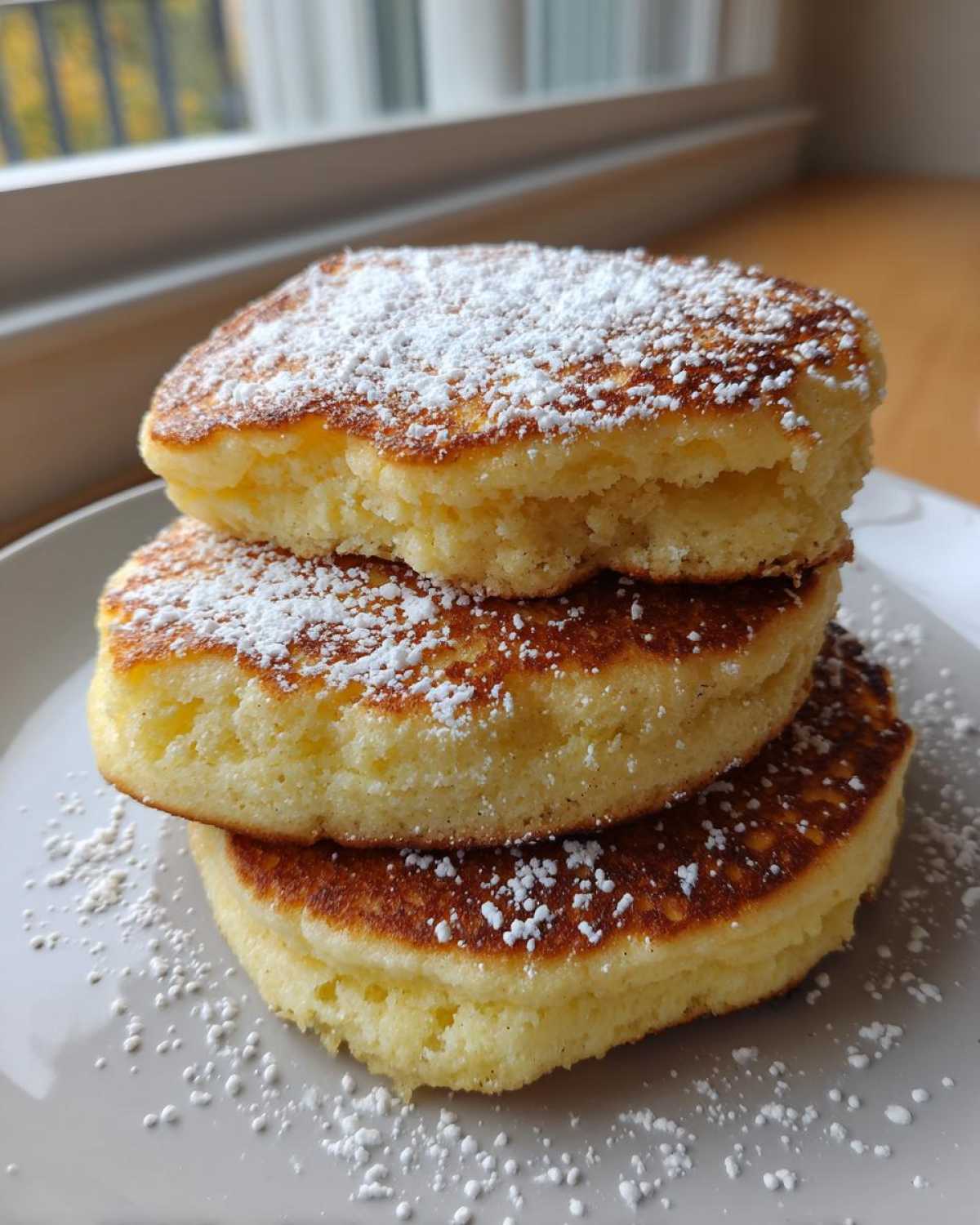 A stack of three thick, fluffy coconut flour pancakes dusted generously with white powdered sugar.