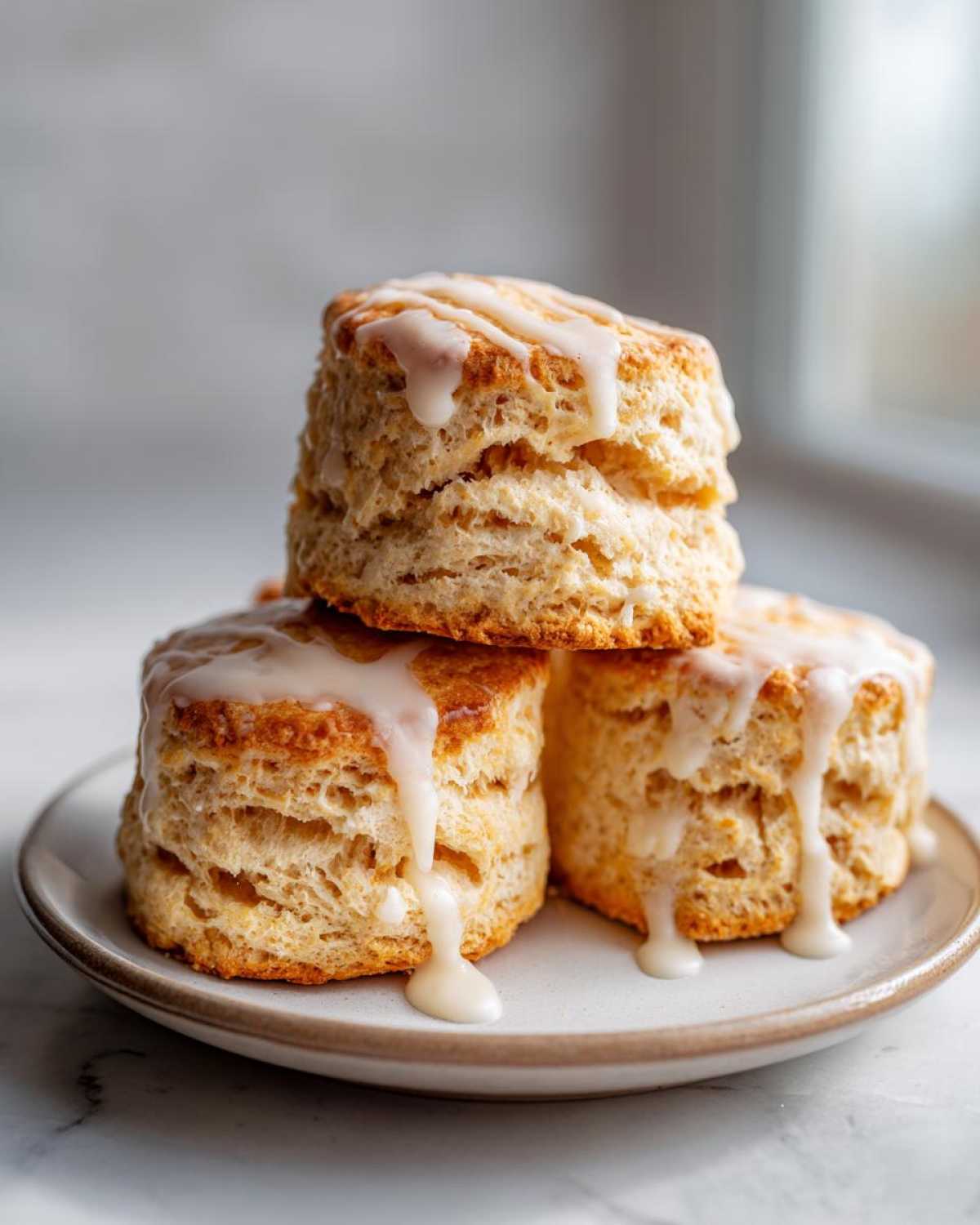 Three tall, fluffy scones stacked on a small plate, drizzled generously with a thick white glaze.