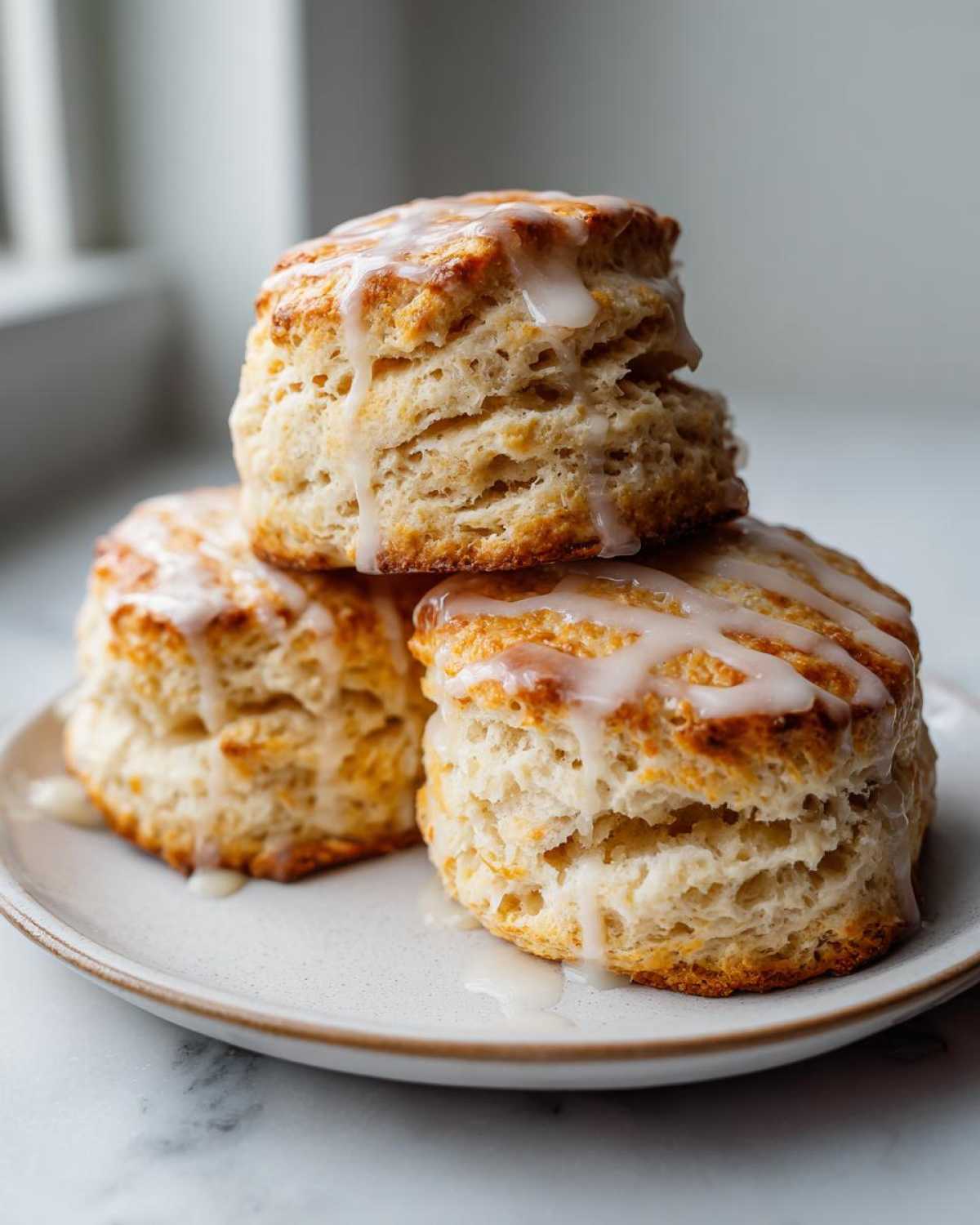 Three tall, flaky scones stacked on a plate, drizzled generously with a white sugar glaze.